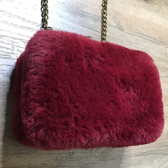 FAUX Fur Purse Cross Body Brass Chain Metal Box Frame Burgundy Red - Picture 6 of 11